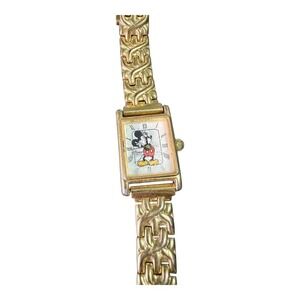 Vintage Disney Mickey Mouse Watch Gold Tone Tank Roman Numeral Link Bracelet